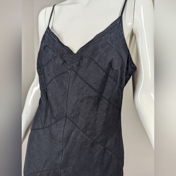 Etam Linen Blend Bias Cut Slip Dress Black Y2K Midi Lined Size S/M - Picture 4 of 8